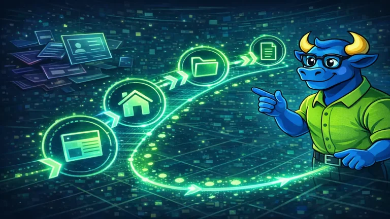 Илюстрация на breadcrumb навигация с йерархична структура на сайт – начална страница, категория и подстраница, показани чрез светеща пътека и икони.