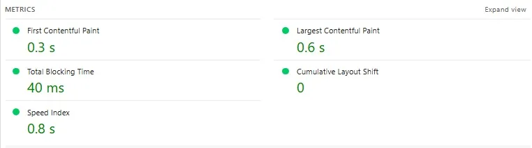 Google PageSpeed Insights Core Web Vitals metrics showing First Contentful Paint, Largest Contentful Paint, Total Blocking Time and Cumulative Layout Shift scores
