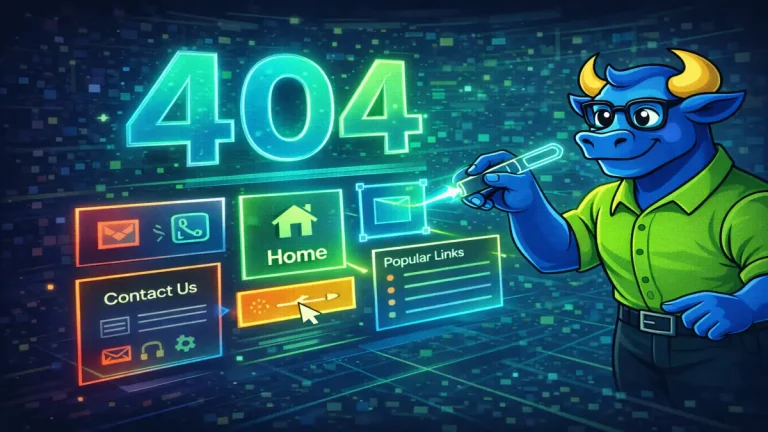 Илюстрация на оптимизирана 404 страница с навигация, бутон към начална страница и полезни линкове за по-добро потребителско изживяване.