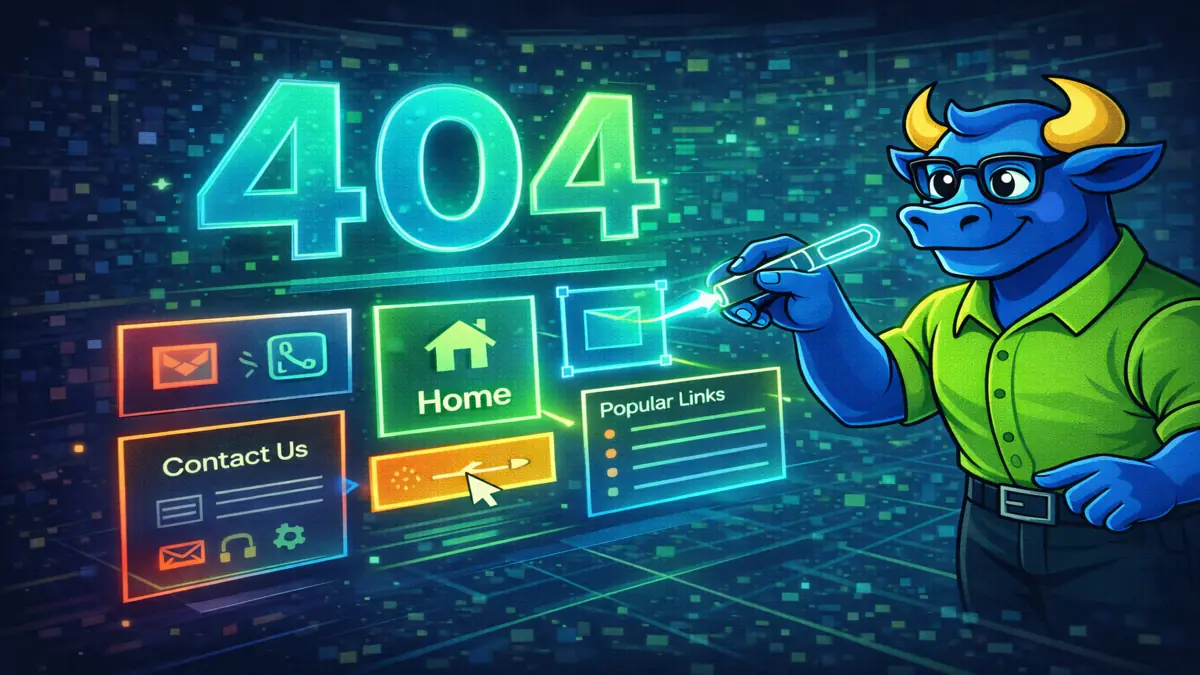 Илюстрация на оптимизирана 404 страница с навигация, бутон към начална страница и полезни линкове за по-добро потребителско изживяване.
