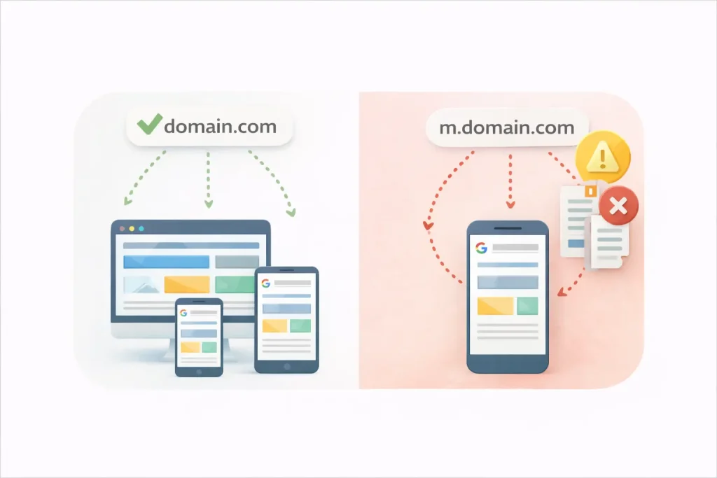 Илюстрация, сравняваща responsive дизайн с отделна mobile версия за SEO – един URL за всички устройства срещу m.domain.com с рискове от дублиране.