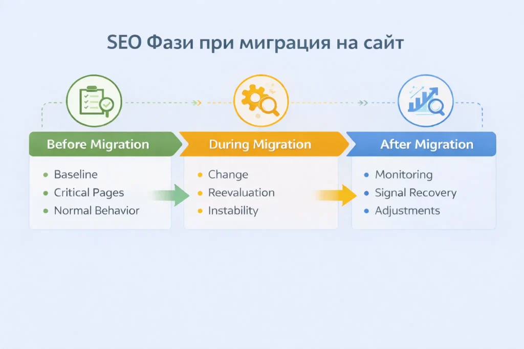 SEO фази при миграция на сайт – преди, по време и след миграцията с фокус върху мониторинг, стабилност и възстановяване на сигналите