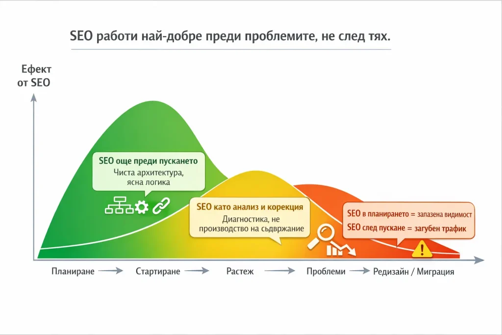 Диаграма, показваща в кои ситуации SEO оптимизацията има най-голям ефект – при стартиране на нов сайт, при спад на органичния трафик и при редизайн или миграция.