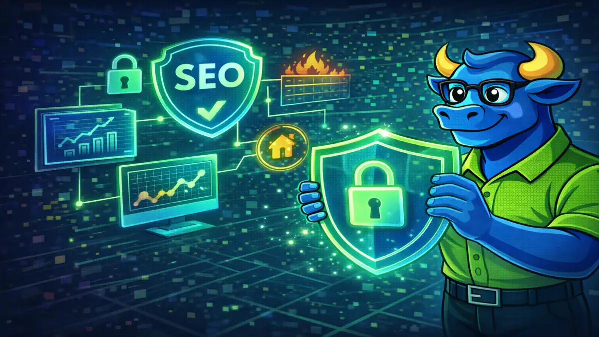 Илюстрация на сигурност на сайта и SEO защита – щит с катинар и визуализация на защита на класирането в търсачките.