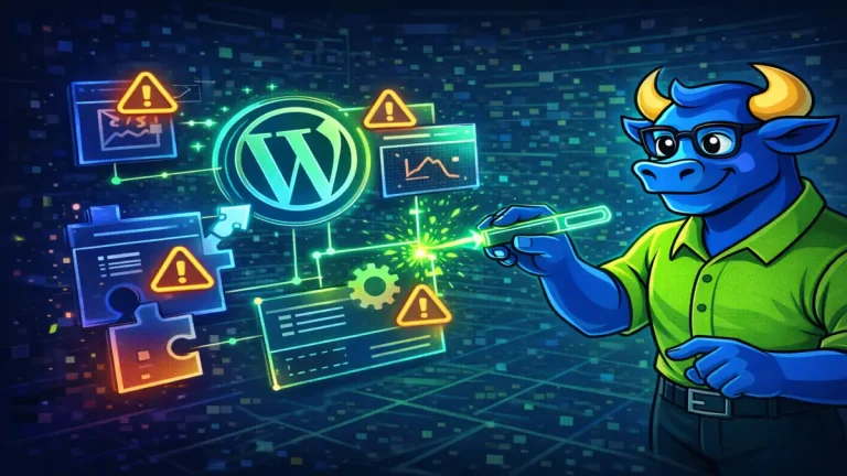 Илюстрация на отстраняване на SEO проблеми в WordPress, причинени от теми и плъгини, с анализ на грешки и техническа оптимизация.