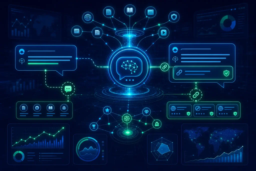 Визуализация на мониторинг на бранда за AI търсене и GEO с AI mentions, AI citations, линкове, източници и SEO табла с данни.