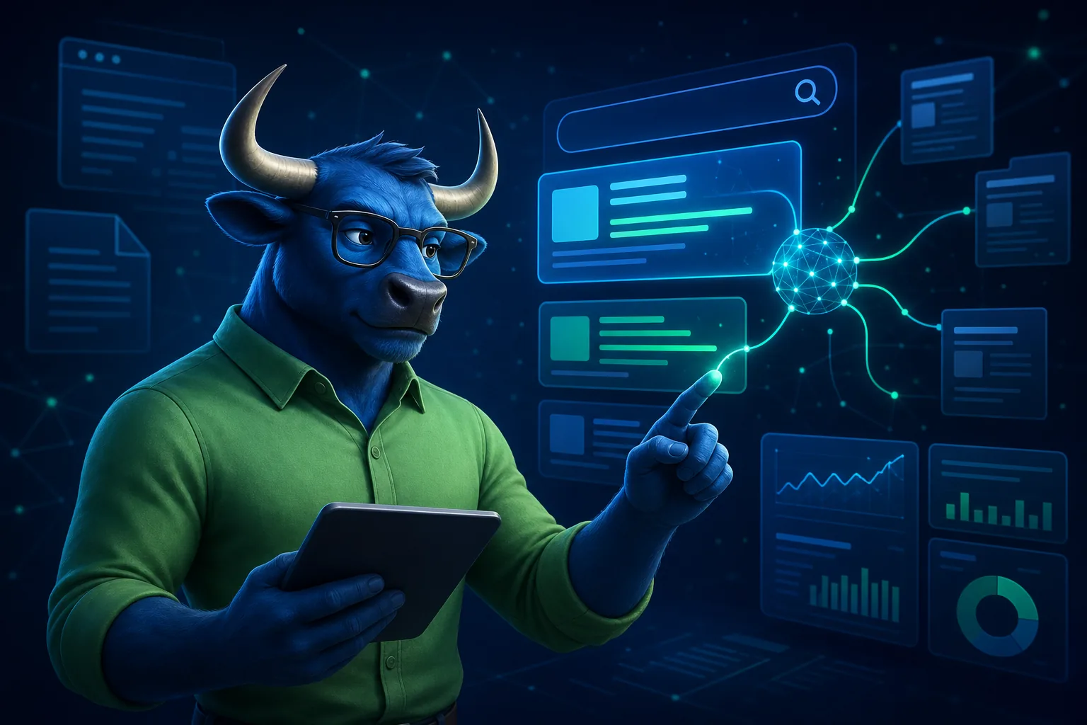 TORO Rank маскот анализира AI търсене и SEO оптимизация