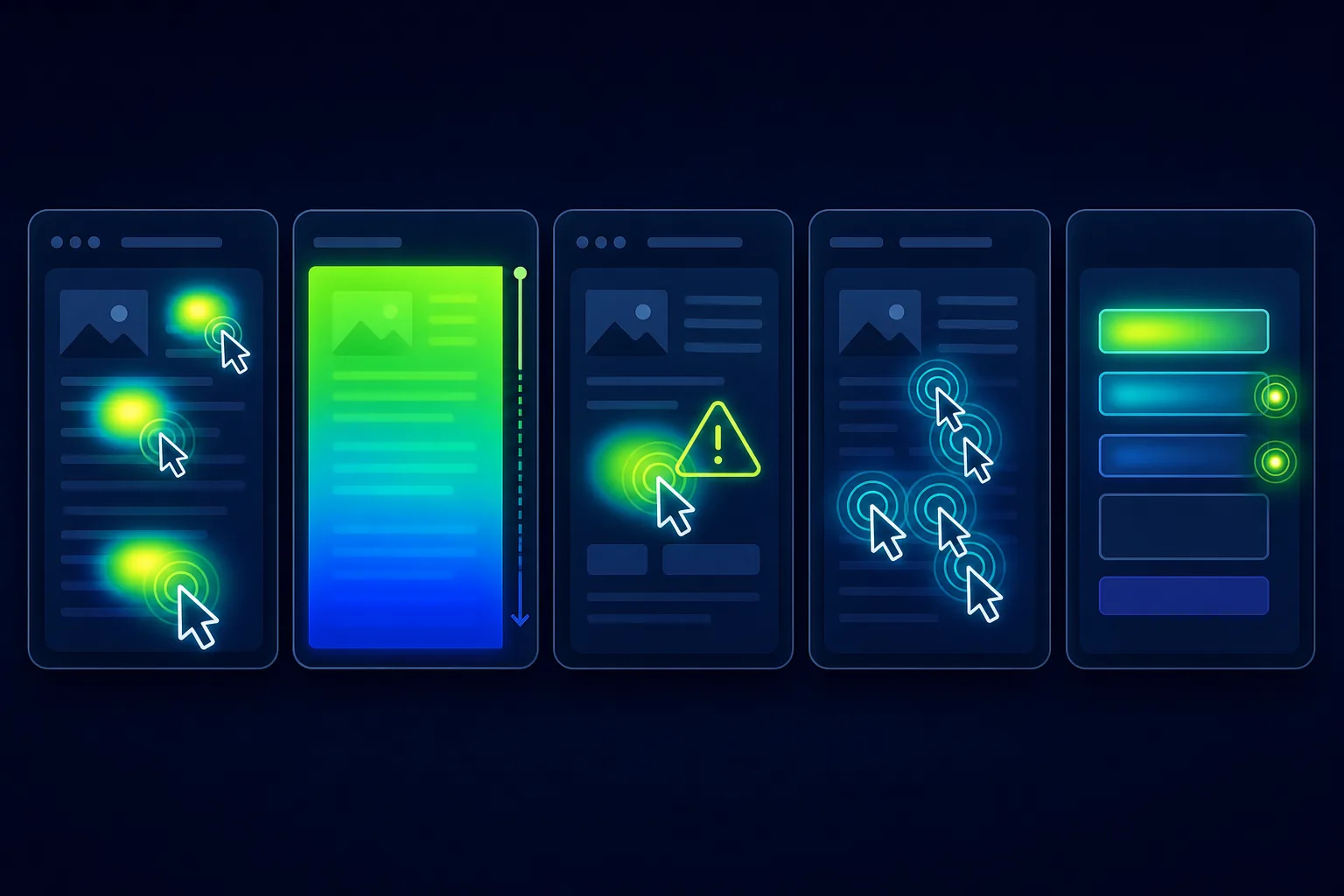 Илюстрация на типове heatmaps и поведенчески сигнали: click map, scroll map, dead clicks, rage clicks и пречки във форми.