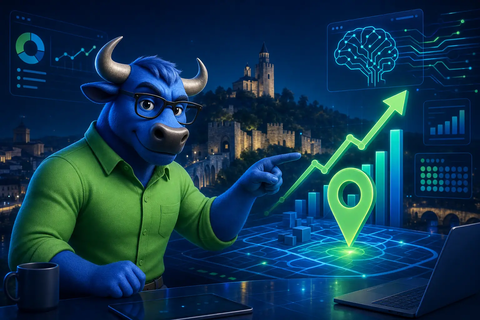 TORO маскот пред дигитална карта и графики, символизиращи SEO и GEO във Велико Търново.