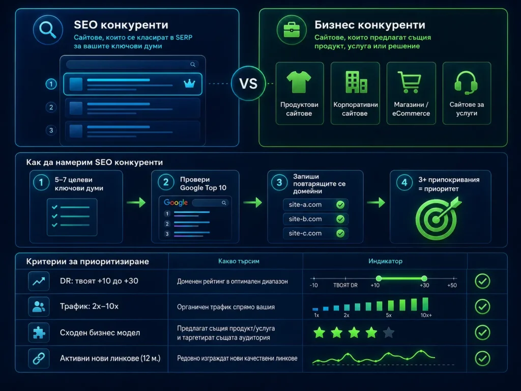 Диаграма за избор на правилни SEO и бизнес конкуренти за анализ на линк профил