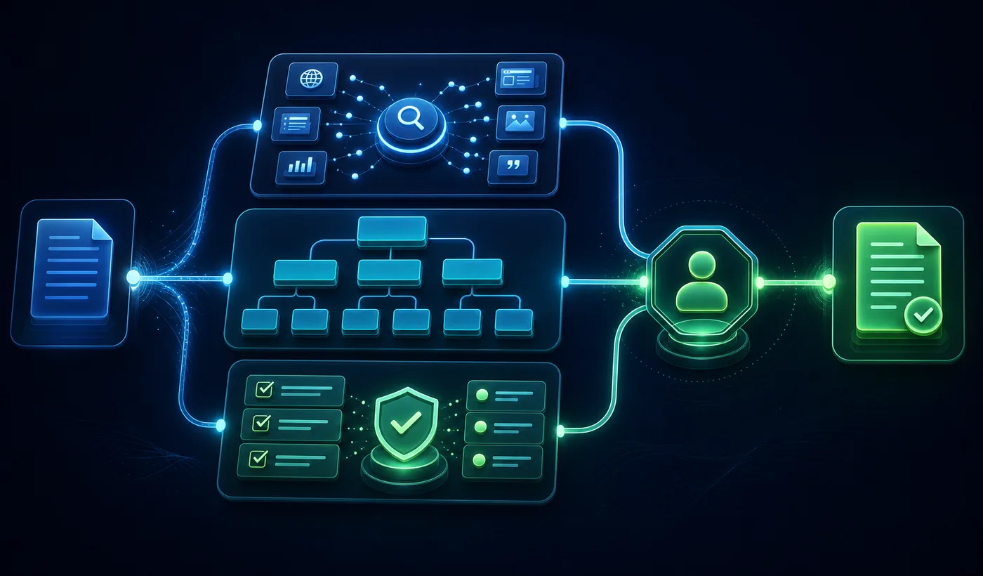 Workflow за използване на Perplexity, ChatGPT и Claude в SEO процес с човешки approval gate.