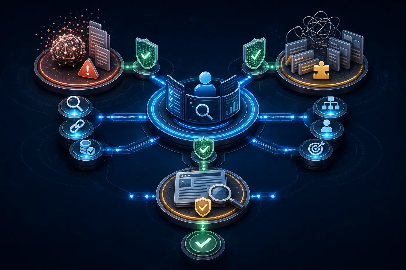 Guardrails diagram за SEO workflow с Perplexity, ChatGPT и Claude преди публикуване.