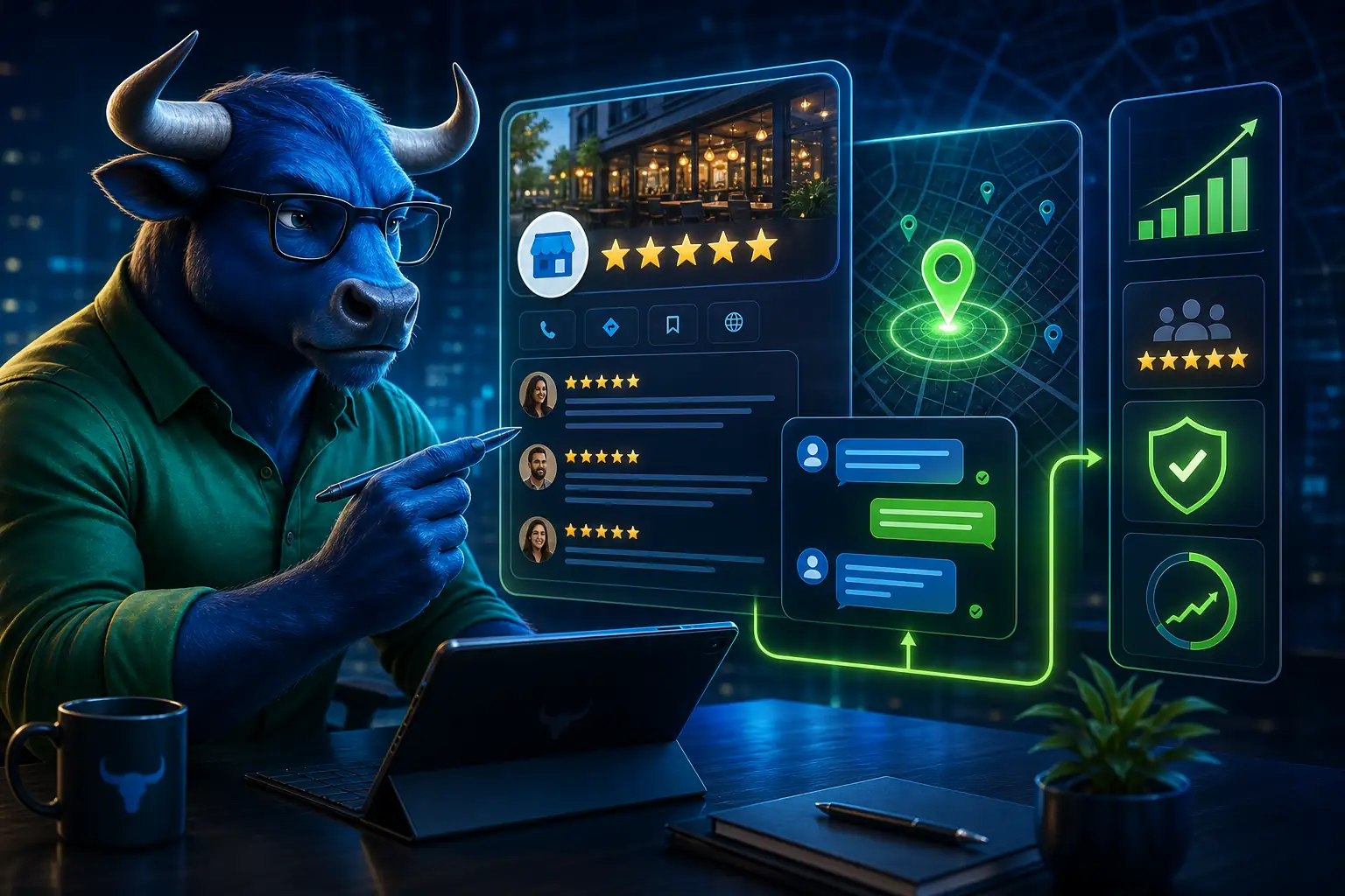 TORO bull reviewing Google reviews, local map prominence and trust workflow in a premium editorial scene