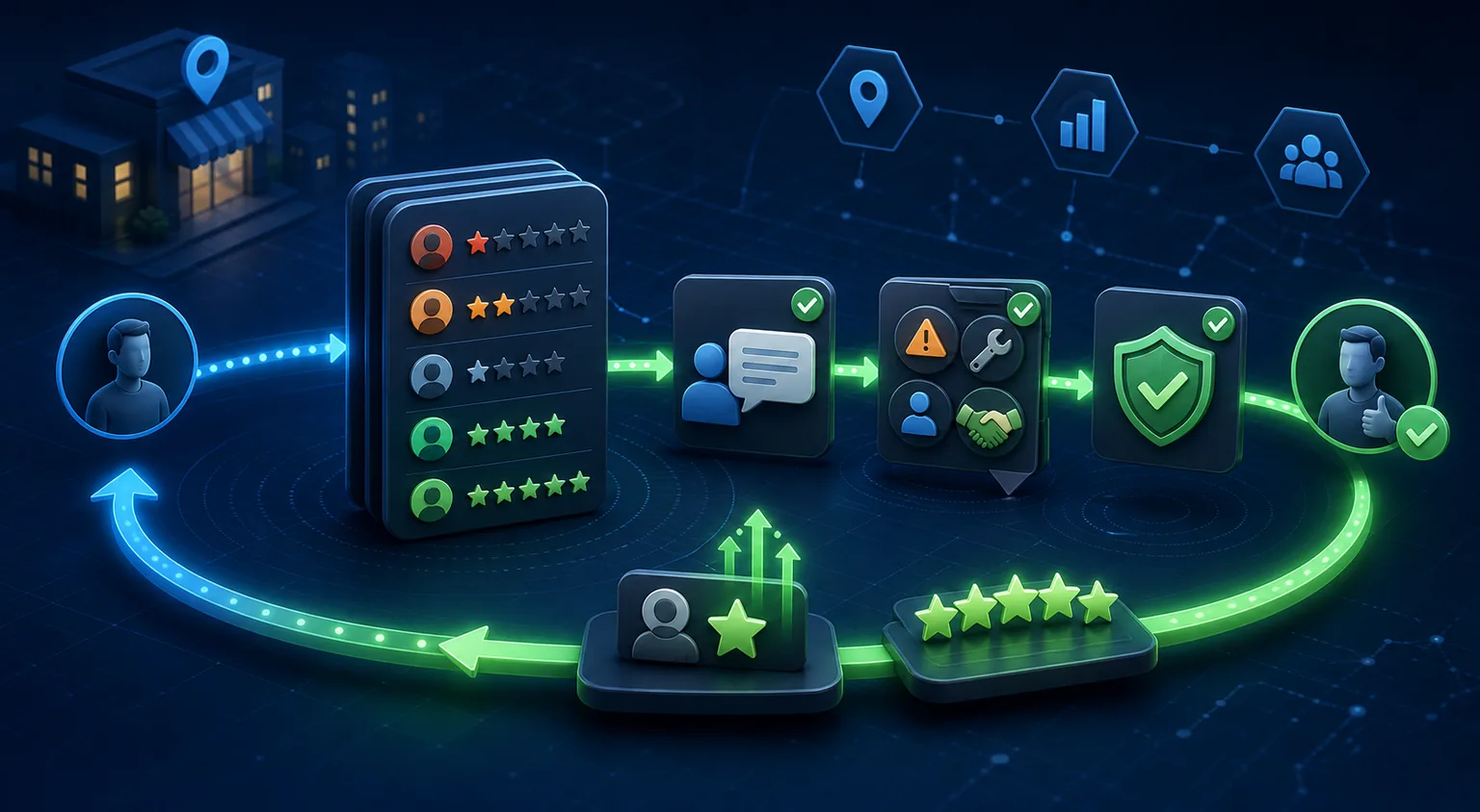 Диаграма на review reply process за local business: сигнал, отговор, корекция в услугата и нов trust цикъл.