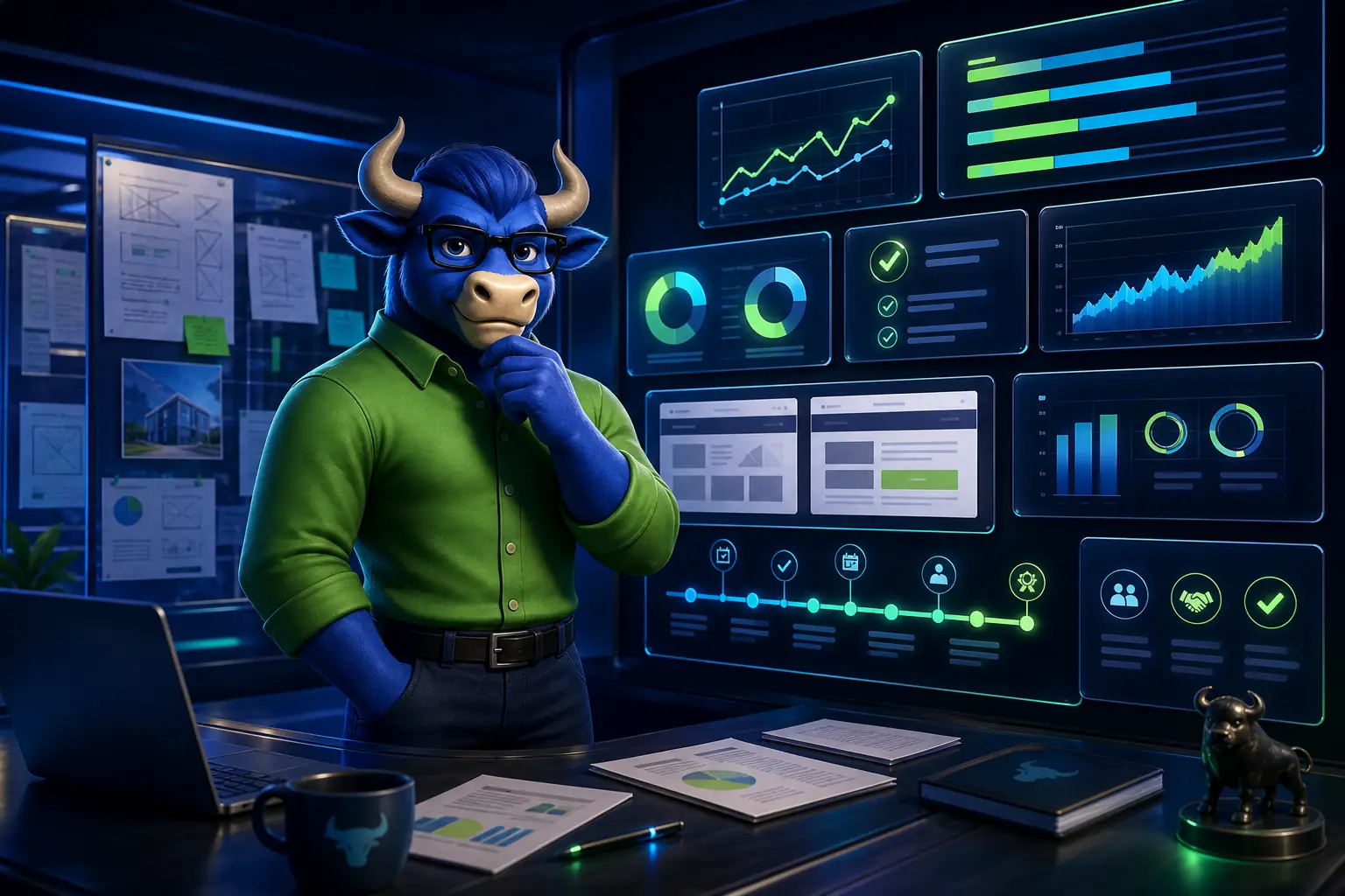 Editorial SEO case study hero with TORO mascot reviewing proof boards, analytics screens and trust checkpoints