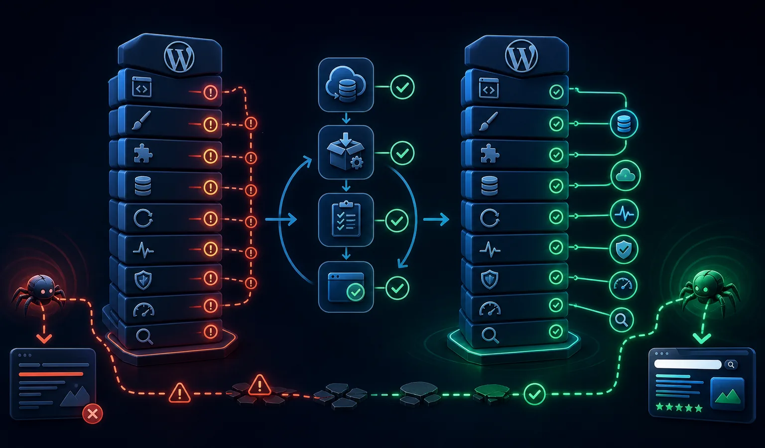 Диаграма как WordPress maintenance пази обновления, бекъпи, uptime и SEO обхождане.