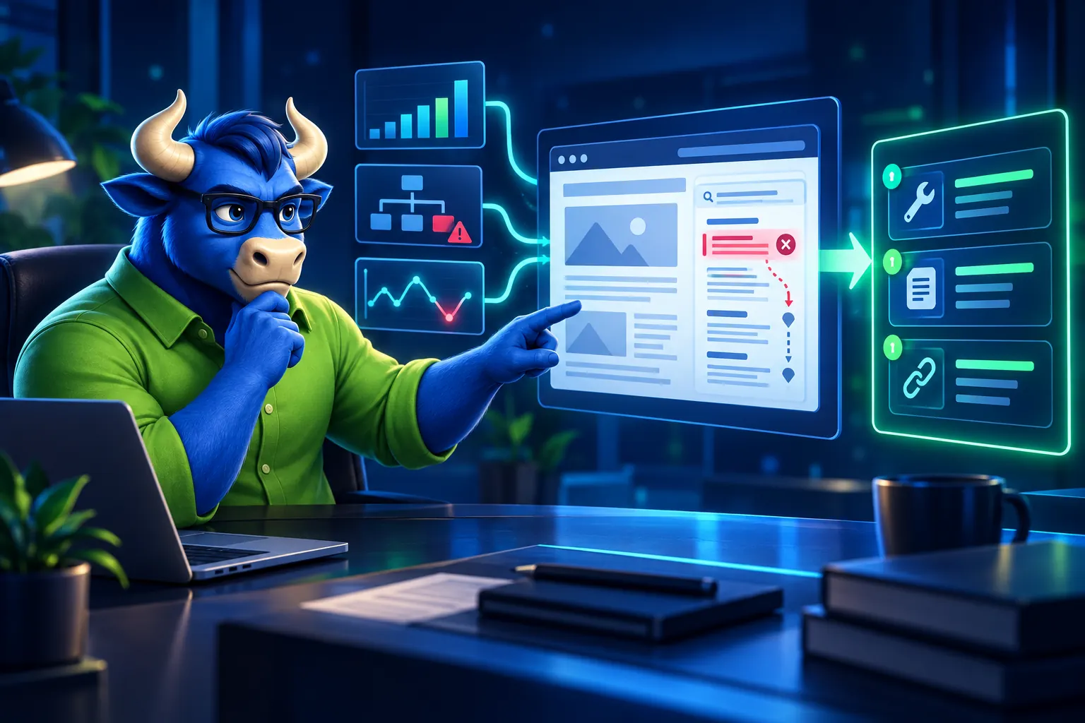 Синият талисман на TORO Rank преглежда уебстраница и план с приоритетни SEO действия